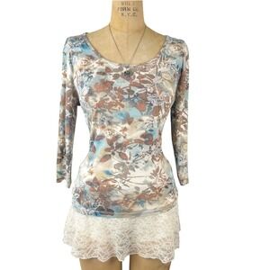 Boho Floral Top Rhinestone Studded Sz M Y2K 90's Earthy Fairy Shabby Hippie